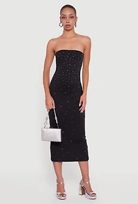 Womens Almost Famous Rhinestone Midi Tube Dress, Black,