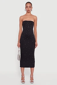 Womens Almost Famous Rhinestone Midi Tube Dress, Black,