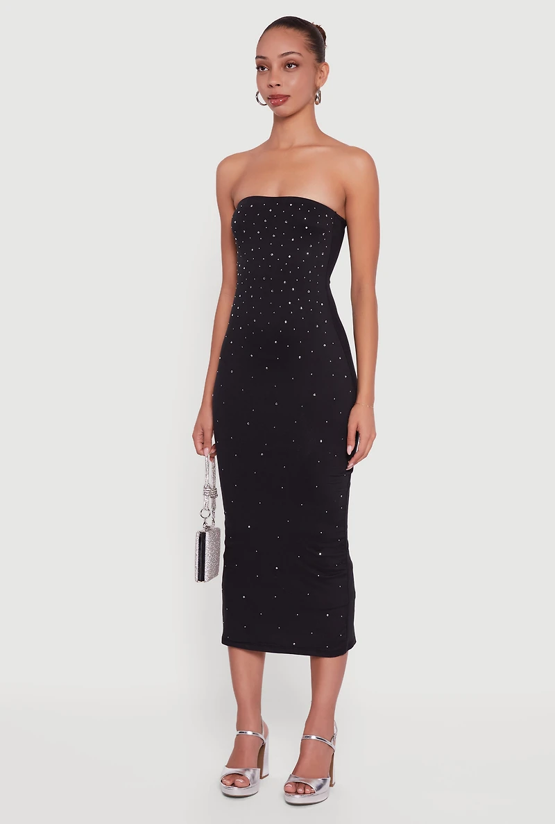 Womens Almost Famous Rhinestone Midi Tube Dress, Black,