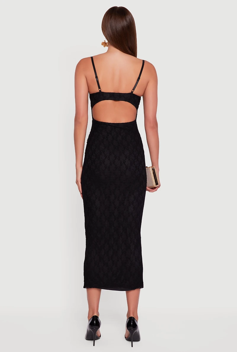 Womens Floral Lace Sweetheart Cowl Neck Maxi Dress,
