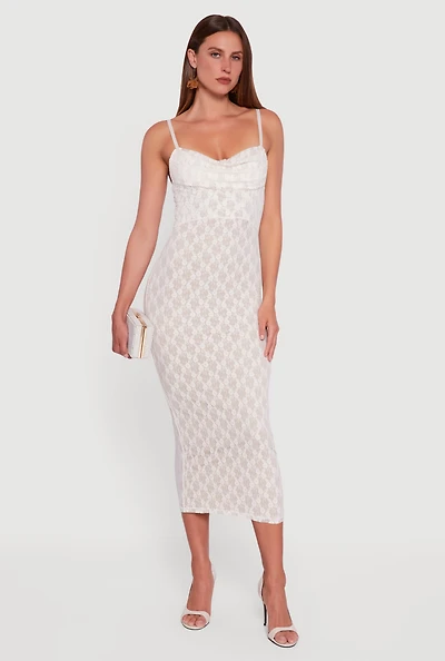 Womens Floral Lace Sweetheart Cowl Neck Maxi Dress, White,