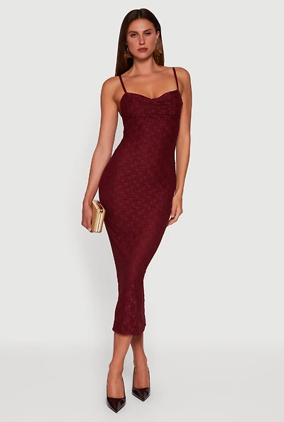 Womens Floral Lace Sweetheart Cowl Neck Maxi Dress, Burgundy,