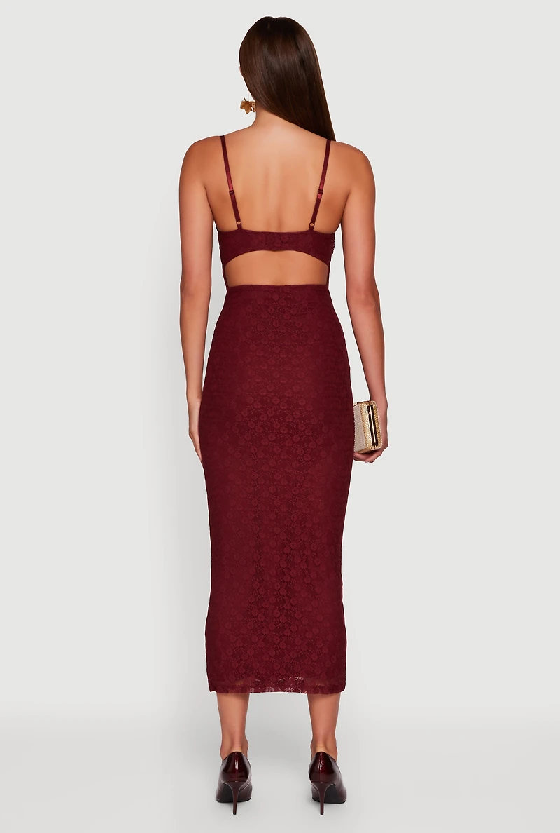 Womens Floral Lace Sweetheart Cowl Neck Maxi Dress, Burgundy,