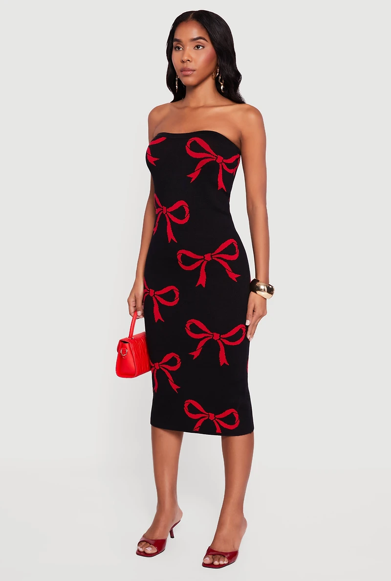 Womens Almost Famous Bow Print Tube Dress, Black, Size XL