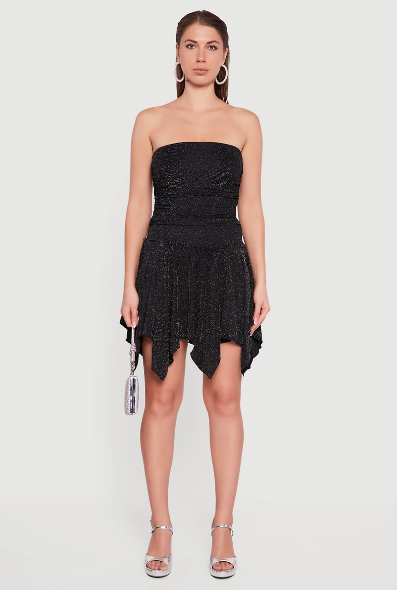 Womens Strapless Side Ruched Handkerchief Hem Dress,