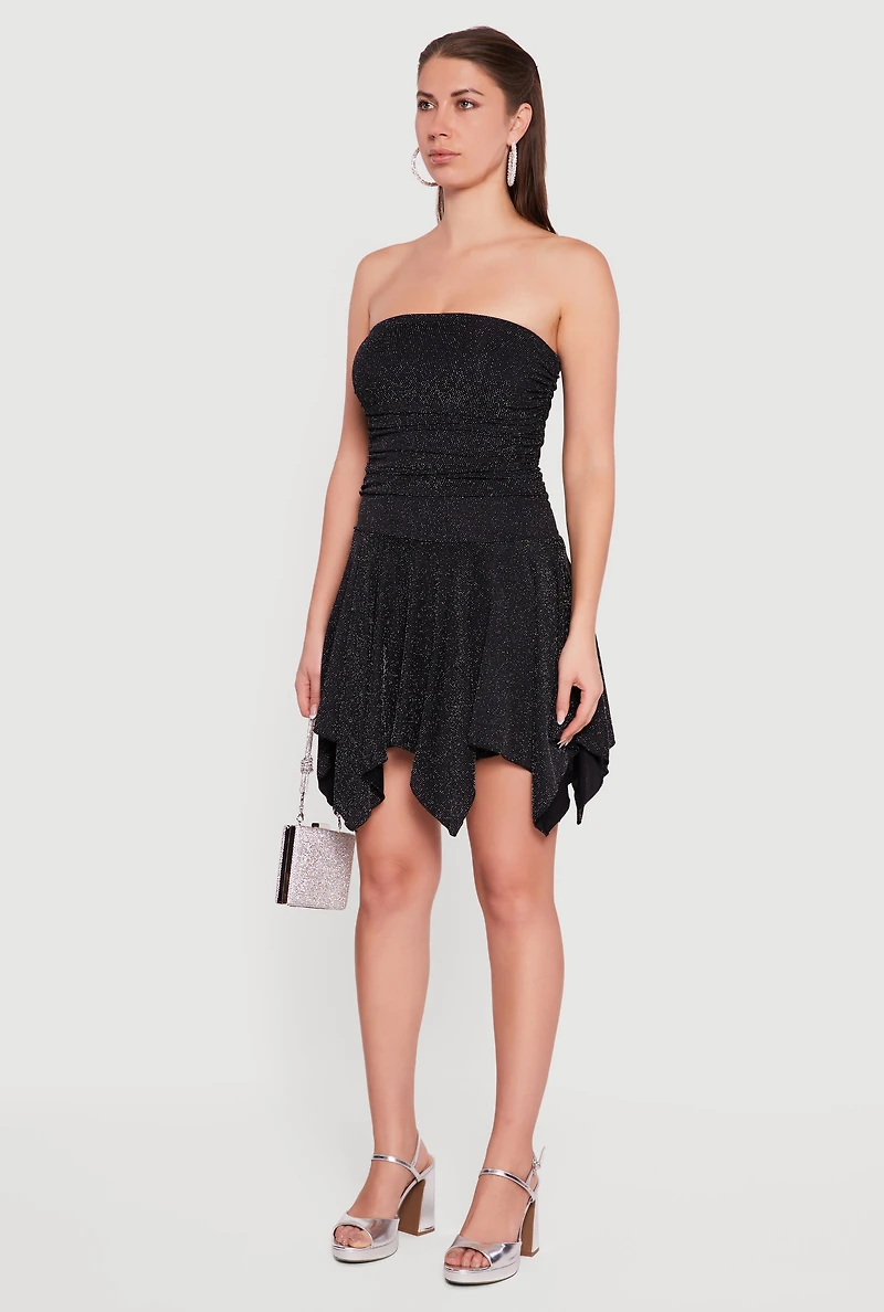 Womens Strapless Side Ruched Handkerchief Hem Dress,