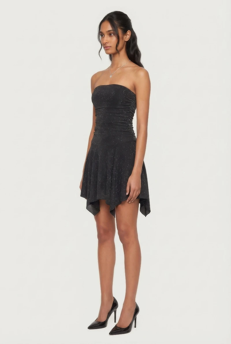 Strapless Side Ruched Handkerchief Hem Dress