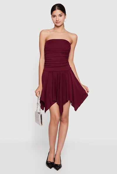 Strapless Side Ruched Handkerchief Hem Dress