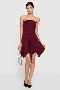 Strapless Side Ruched Handkerchief Hem Dress