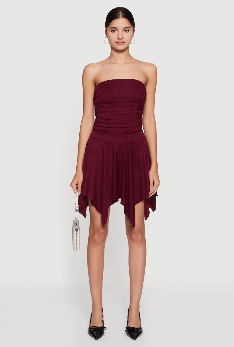 Strapless Side Ruched Handkerchief Hem Dress