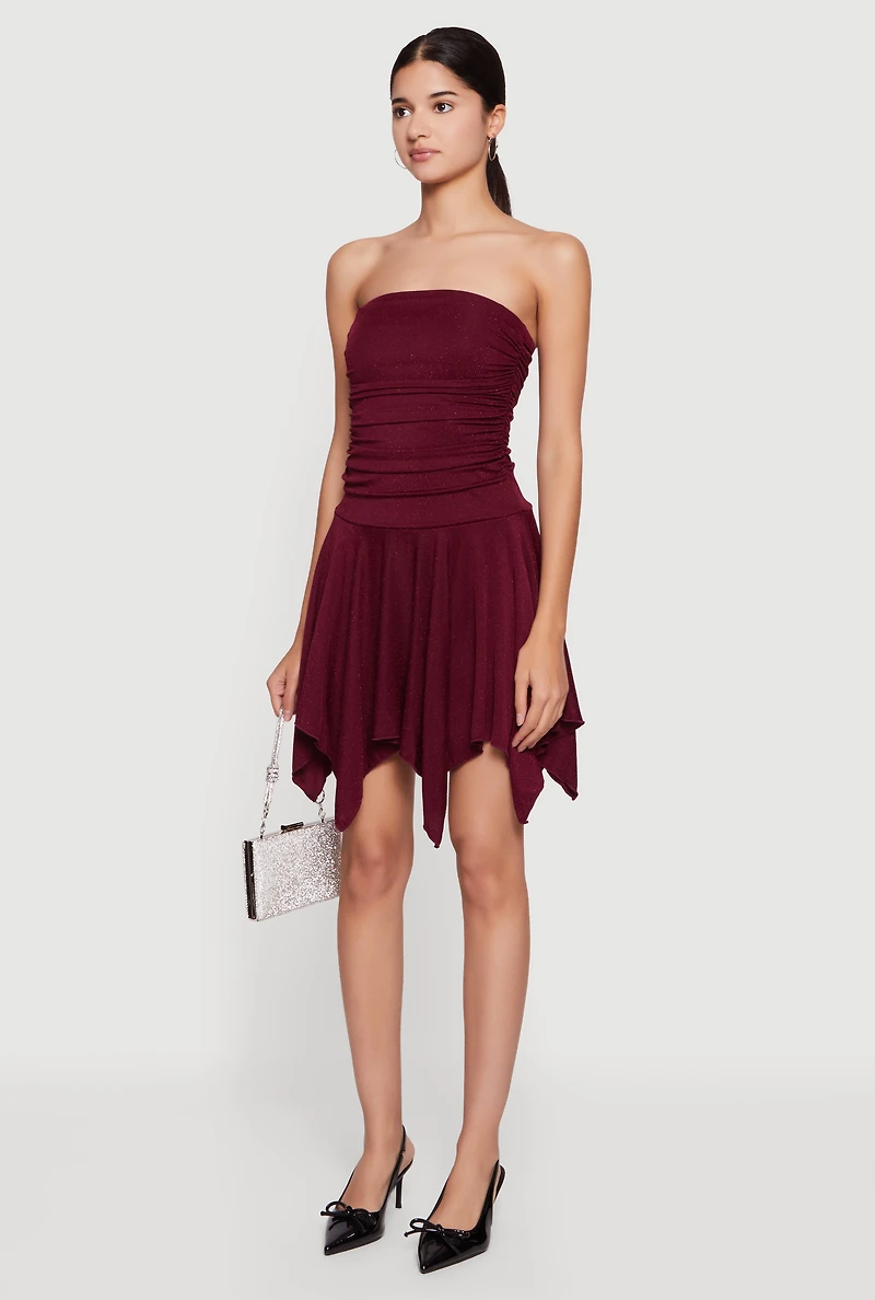 Strapless Side Ruched Handkerchief Hem Dress