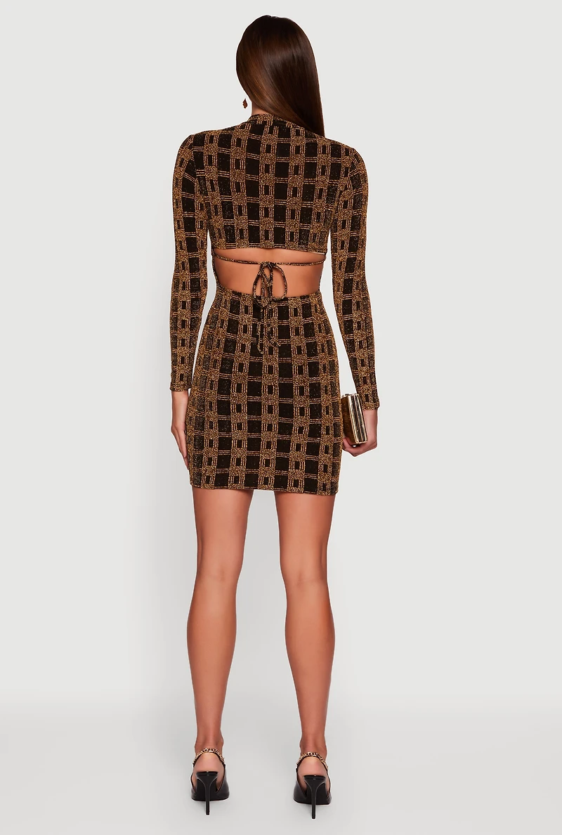 Womens Almost Famous Patterned Lurex Open Tie Back Mini Dress,
