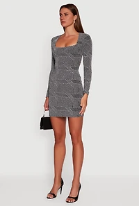 Womens Almost Famous Patterned Lurex Open Tie Back Mini Dress, Grey, Size M