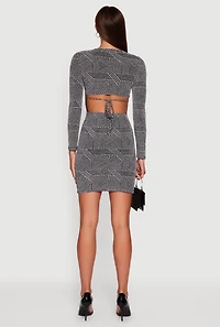 Womens Almost Famous Patterned Lurex Open Tie Back Mini Dress, Grey, Size M