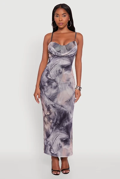 Printed Pattern Open Back Cowl Neck Mesh Maxi Dress