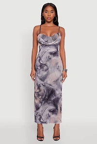 Printed Pattern Open Back Cowl Neck Mesh Maxi Dress
