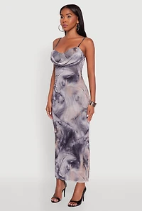 Womens Printed Pattern Open Back Cowl Neck Mesh Maxi Dress, Multi, Size L