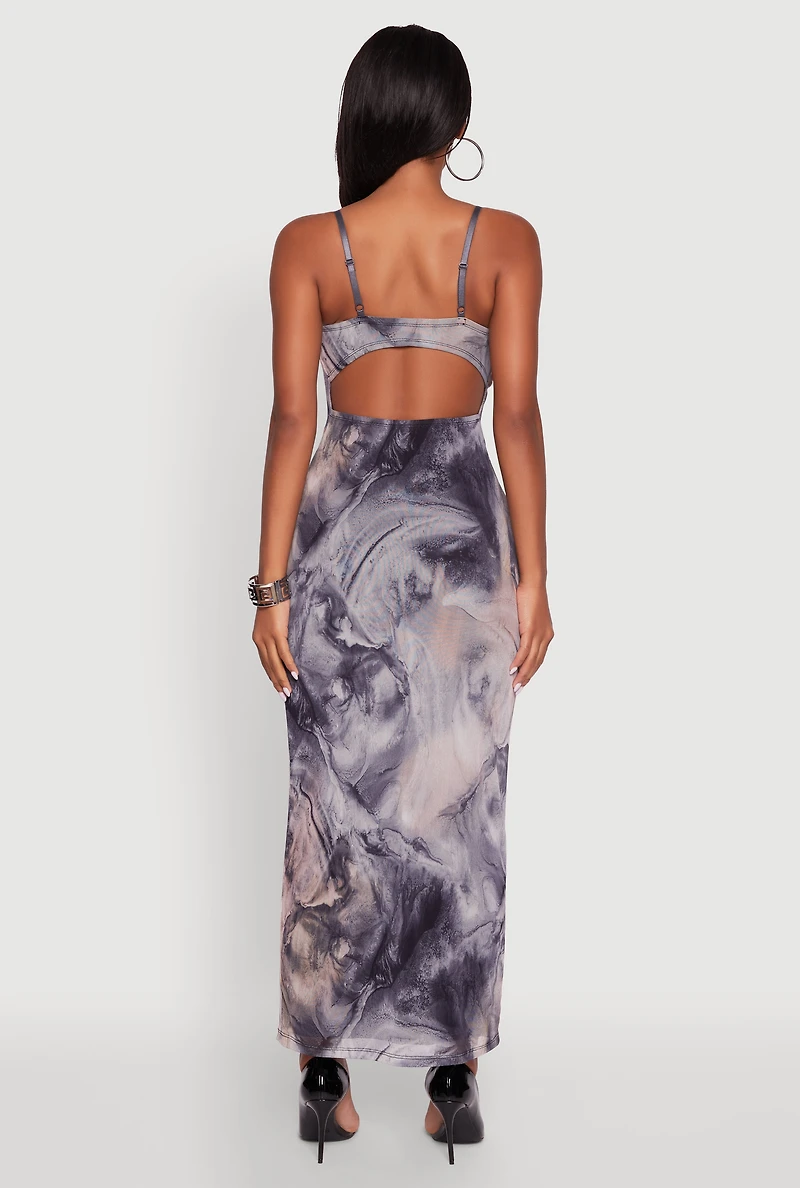 Printed Pattern Open Back Cowl Neck Mesh Maxi Dress