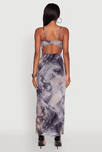 Printed Pattern Open Back Cowl Neck Mesh Maxi Dress