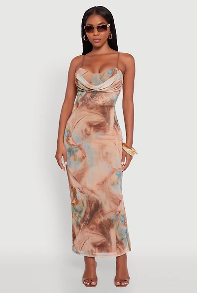 Womens Printed Pattern Open Back Cowl Neck Mesh Maxi Dress, Multi,