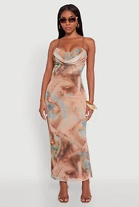 Womens Printed Pattern Open Back Cowl Neck Mesh Maxi Dress, Multi,