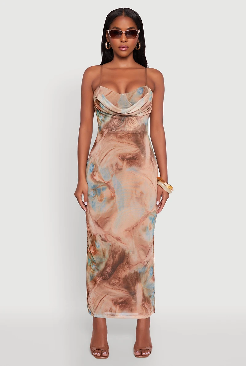 Womens Printed Pattern Open Back Cowl Neck Mesh Maxi Dress, Multi,