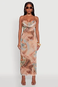 Womens Printed Pattern Open Back Cowl Neck Mesh Maxi Dress, Multi,