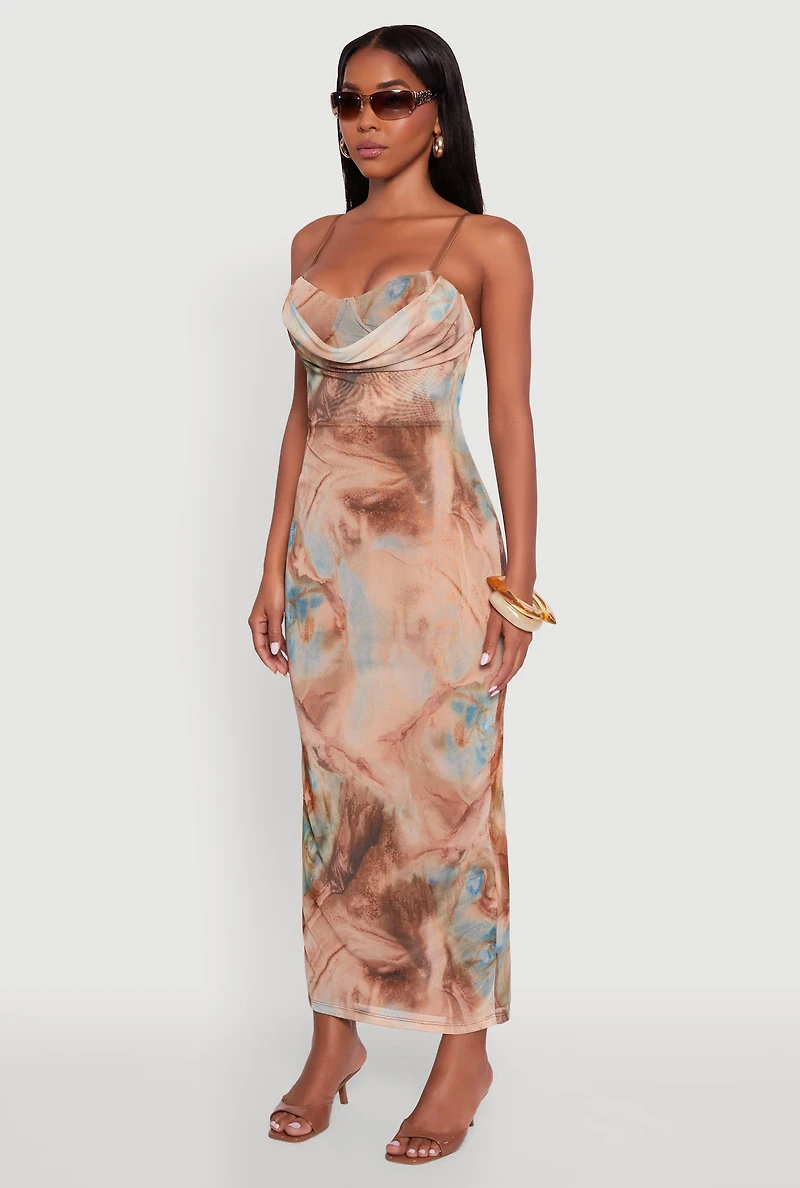 Womens Printed Pattern Open Back Cowl Neck Mesh Maxi Dress, Multi,