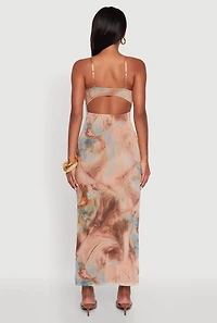 Womens Printed Pattern Open Back Cowl Neck Mesh Maxi Dress, Multi,