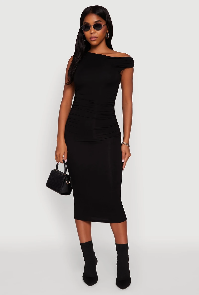 Womens Asymmetrical One Shoulder Ruched Midi Dress, Black,
