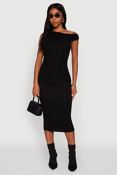 Womens Asymmetrical One Shoulder Ruched Midi Dress, Black,