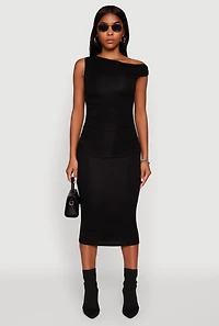 Womens Asymmetrical One Shoulder Ruched Midi Dress, Black,