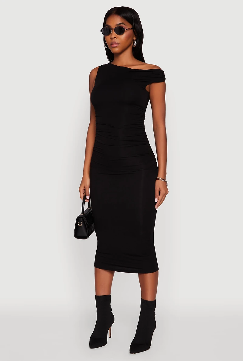 Womens Asymmetrical One Shoulder Ruched Midi Dress, Black,