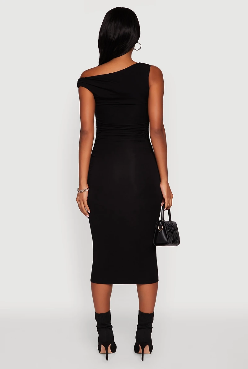 Womens Asymmetrical One Shoulder Ruched Midi Dress, Black, Size XL