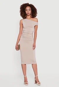 Womens Asymmetrical One Shoulder Ruched Midi Dress, Beige,