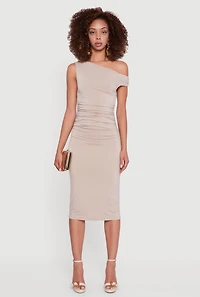 Womens Asymmetrical One Shoulder Ruched Midi Dress, Beige,