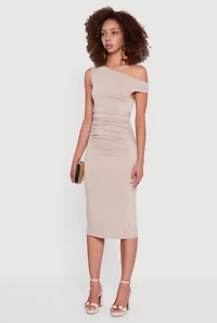 Womens Asymmetrical One Shoulder Ruched Midi Dress, Beige,