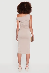 Womens Asymmetrical One Shoulder Ruched Midi Dress, Beige,