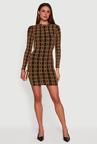 Geometric Lurex Long Sleeve Open Tie Back Mini Dress