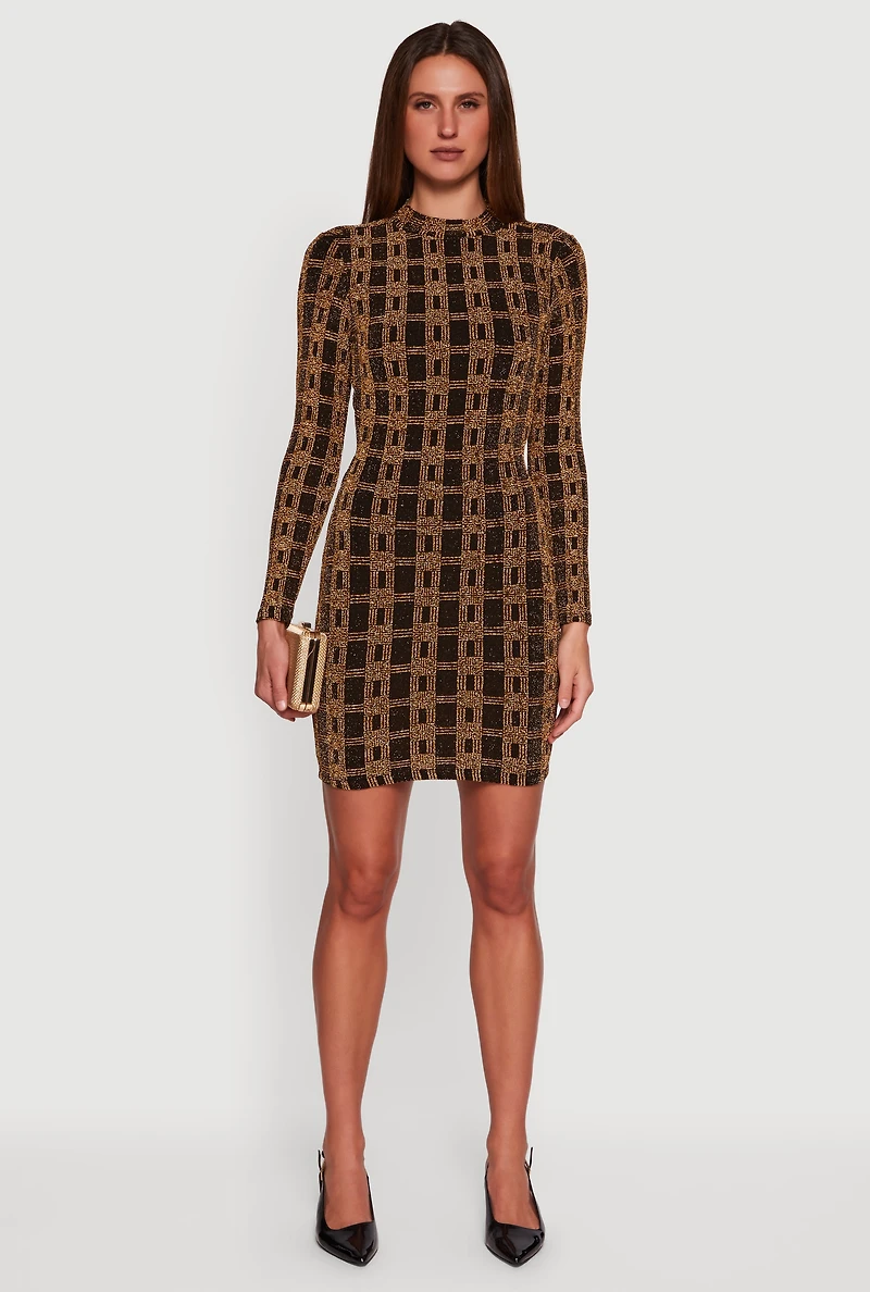 Geometric Lurex Long Sleeve Open Tie Back Mini Dress