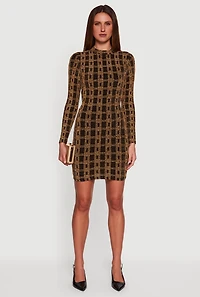 Geometric Lurex Long Sleeve Open Tie Back Mini Dress