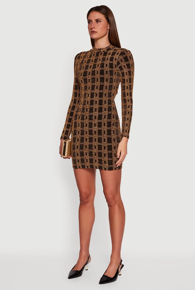 Geometric Lurex Long Sleeve Open Tie Back Mini Dress