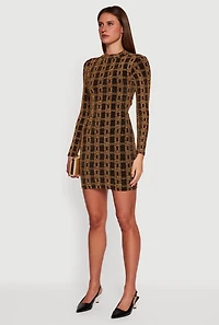 Geometric Lurex Long Sleeve Open Tie Back Mini Dress
