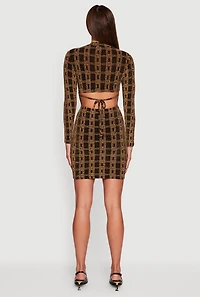 Geometric Lurex Long Sleeve Open Tie Back Mini Dress