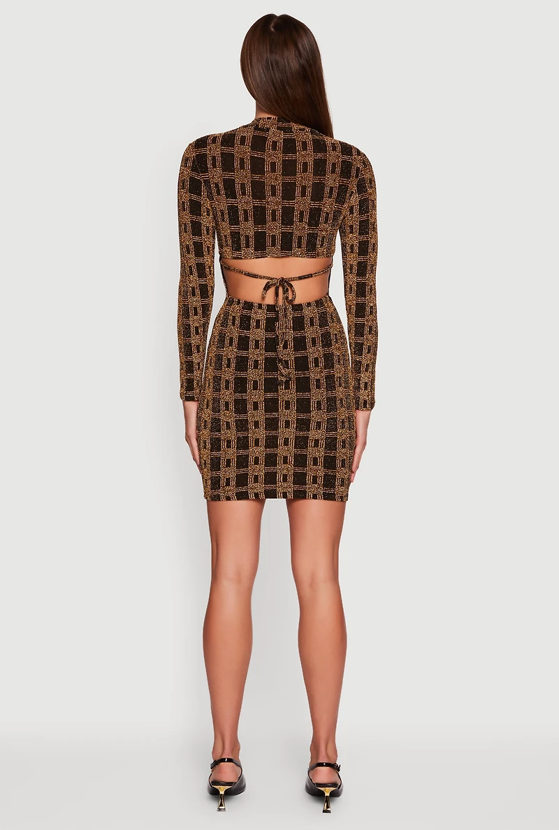 Geometric Lurex Long Sleeve Open Tie Back Mini Dress