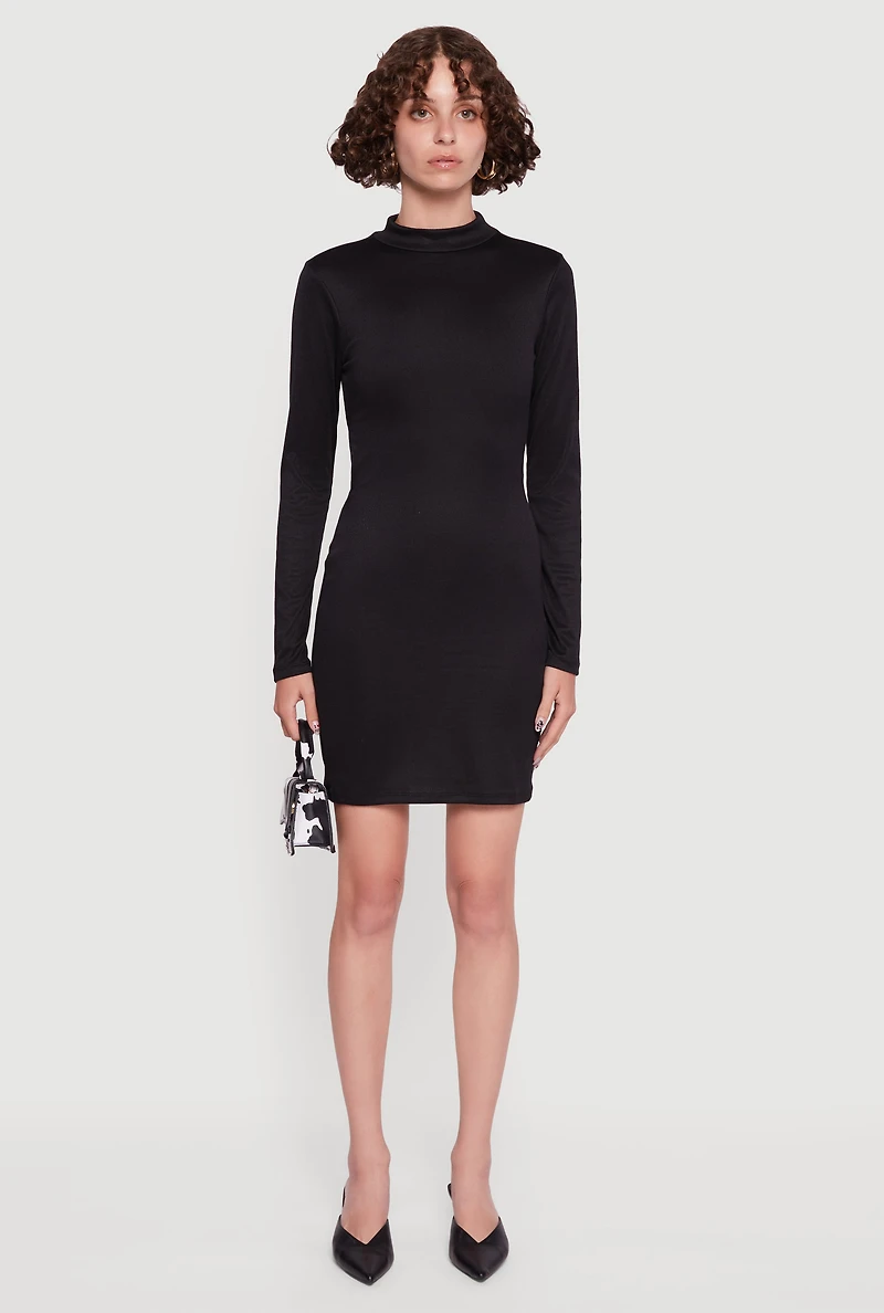 Womens Ribbed Knit Open Tie Back Long Sleeve Mock Neck Mini Dress, Black, Size L