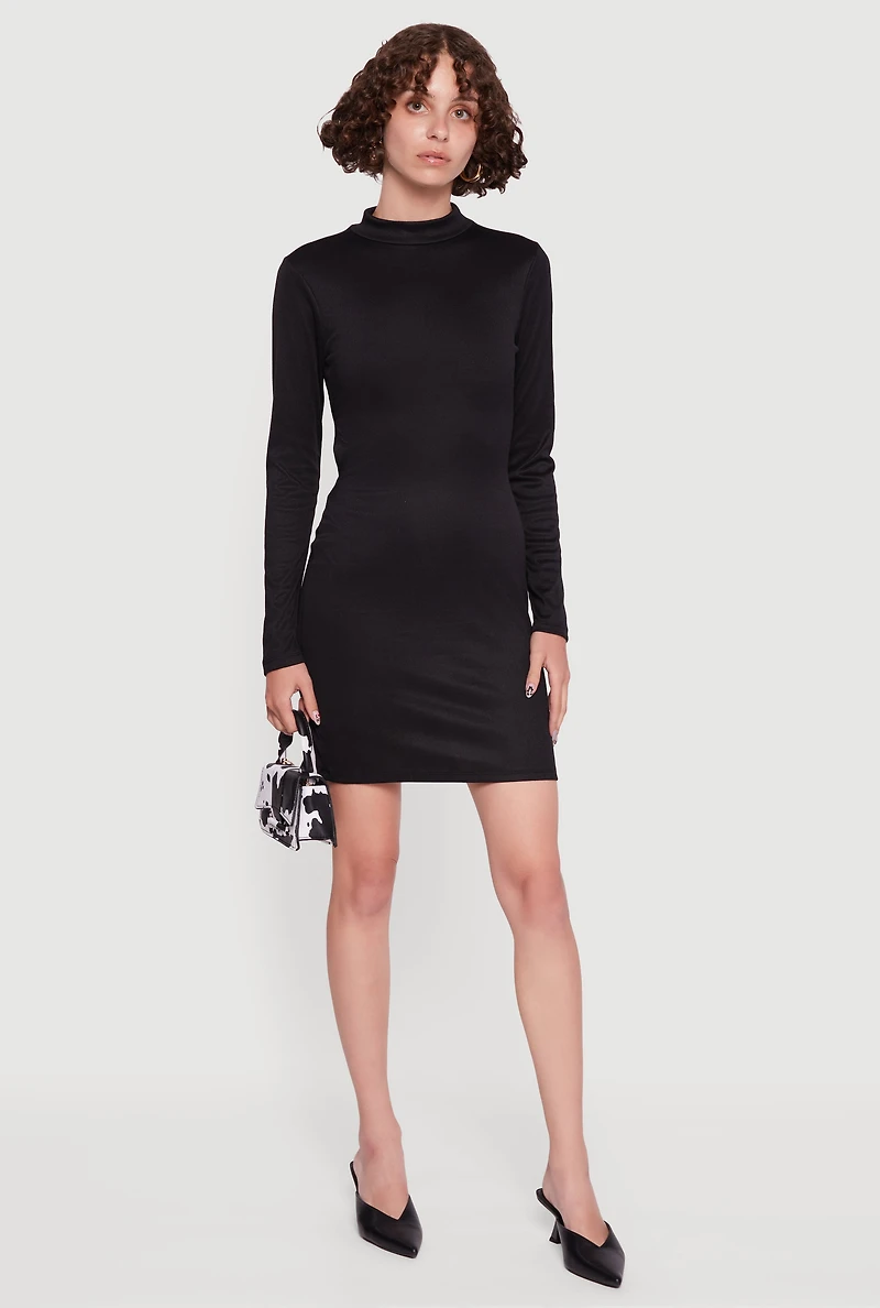 Womens Ribbed Knit Open Tie Back Long Sleeve Mock Neck Mini Dress, Black, Size XL