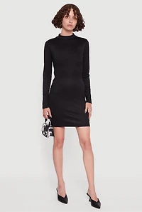 Womens Ribbed Knit Open Tie Back Long Sleeve Mock Neck Mini Dress, Black, Size L
