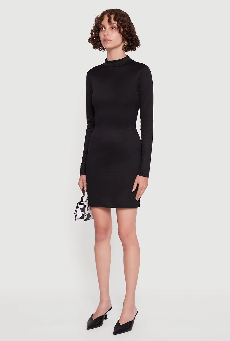 Womens Ribbed Knit Open Tie Back Long Sleeve Mock Neck Mini Dress, Black, Size L