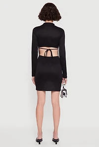 Womens Ribbed Knit Open Tie Back Long Sleeve Mock Neck Mini Dress, Black, Size XL